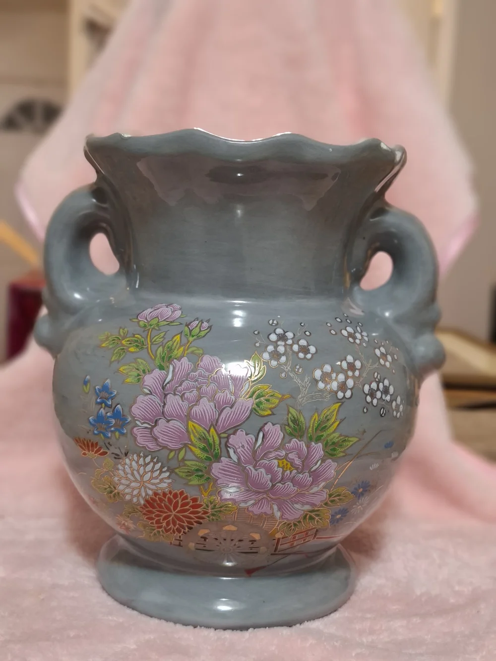 Hand-Painted Floral Ceramic Vase in Gray with Pink Blooms